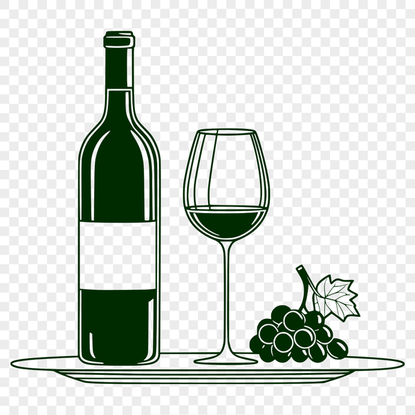Red Wine Still Life Illustration A simple illustration of a glass filled with red wine, next to an empty bottle.