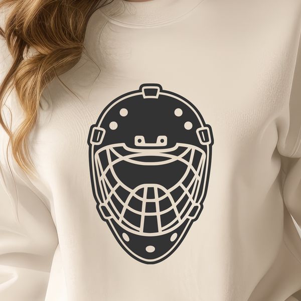 An illustration of a hockey player wearing protective gear, including a helmet with a transparent visor.