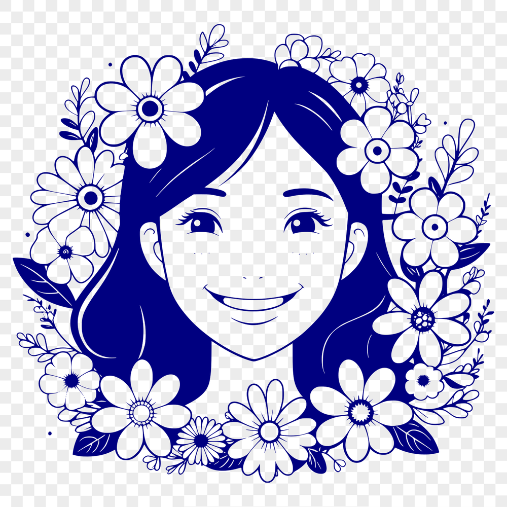 A digital illustration of a woman surrounded by flowers, suitable for use in graphic design projects.