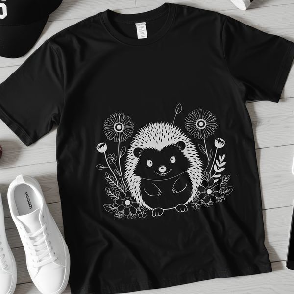 Whimsical Hedgehog Illustration with Floral Elements A cartoon hedgehog surrounded by flowers and foliage.