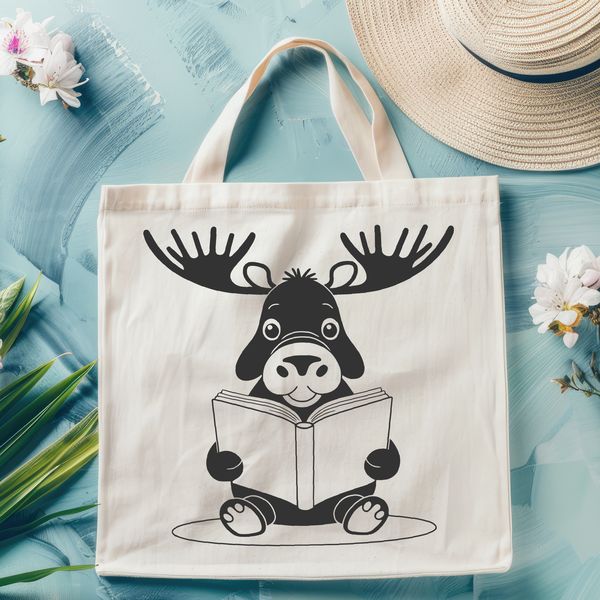 Moose in a Reading Nook A stylized illustration of a wild moose reading a book in a forest setting.