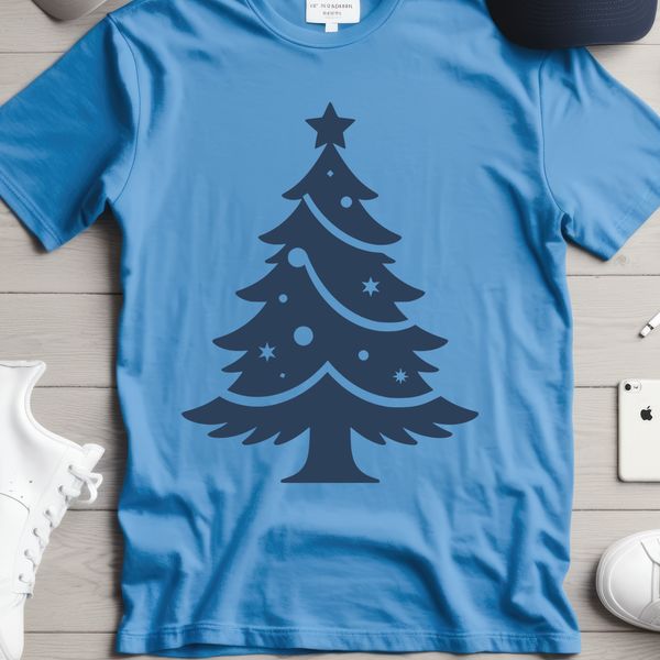 A minimalist illustration of a Christmas tree with ornaments and lights, suitable for digital applications.