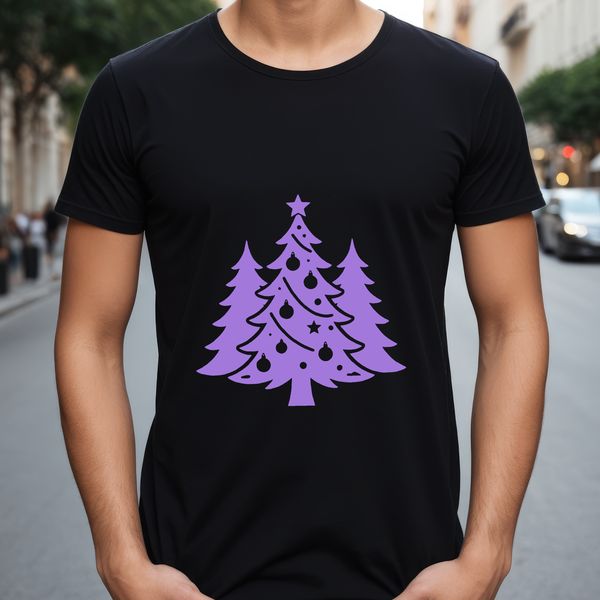 A festive digital illustration of a Christmas tree with ornaments and lights.