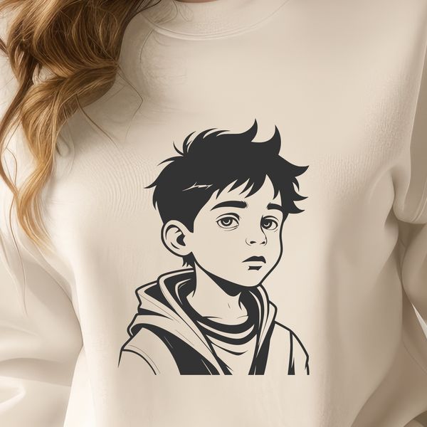 A digital illustration of a young boy in a simple outfit, suitable for various uses.