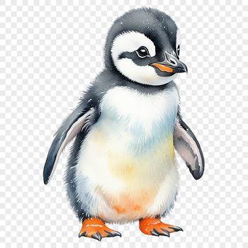 A cute baby penguin standing on a snowy ground.