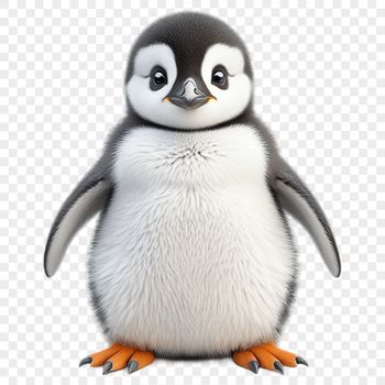 A baby penguin standing on a rocky shore, set against a clear blue background.