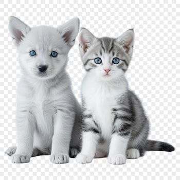 A transparent PNG image featuring a cute puppy and kitten together, suitable for various creative projects.