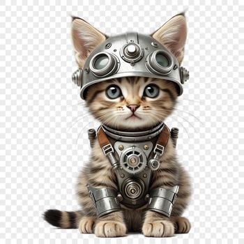 A small domestic cat, known as a kitten, sitting on a plain background.