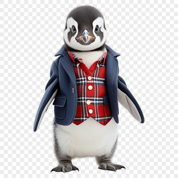 A young penguin chick stands on a clear background with transparent edges.