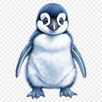 A small penguin chick standing on a clear ice surface, with a transparent background.