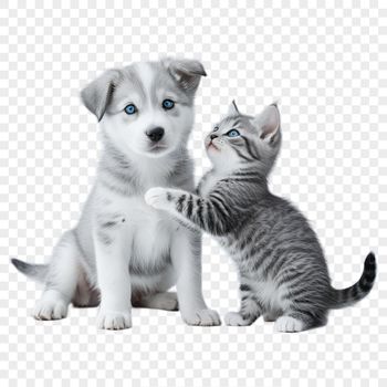 A digital illustration of a cute puppy holding a kitten in its paws.