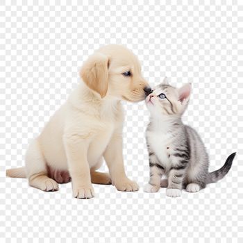 Colorful illustration of a puppy and kitten playing together on a transparent background.