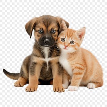 Adorable puppy and kitten duo on a transparent background suitable for print.