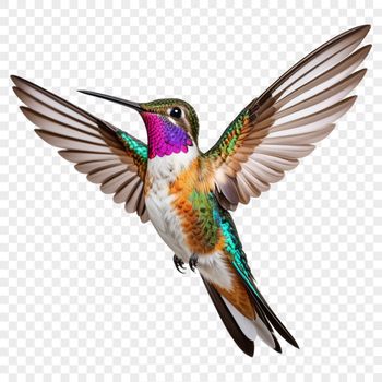 A close-up image of a hummingbird in flight, showcasing its iridescent feathers.