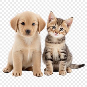 A transparent PNG image of a puppy and kitten together in a playful pose.