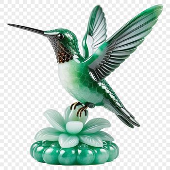 A colorful hummingbird perched on a branch with bright green leaves in the background.