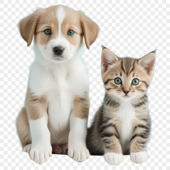 A playful puppy and kitten sitting together on a clear background.