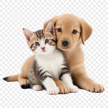 A cute puppy and kitten sitting together on a clear background.