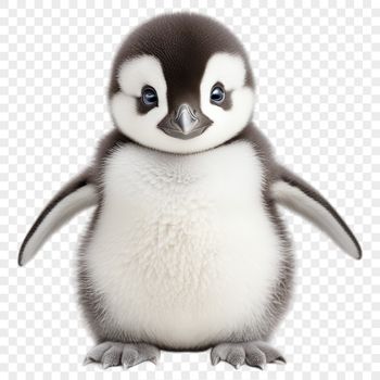 A young penguin chick stands on the ice, its fluffy feathers visible in high resolution.