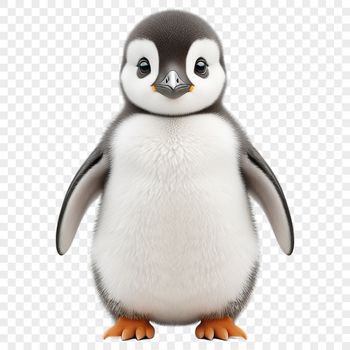 A small, flightless penguin chick with black and white feathers perched on a rocky shore.
