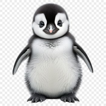A small penguin chick with fluffy feathers stands on snow, looking curiously to the side.