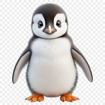 A small, adorable penguin chick standing on its feet with fluffy feathers.