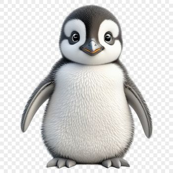 A small, black-and-white penguin chick standing on snow.