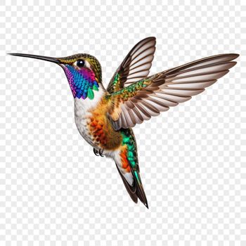A colorful hummingbird in flight, with a transparent background.