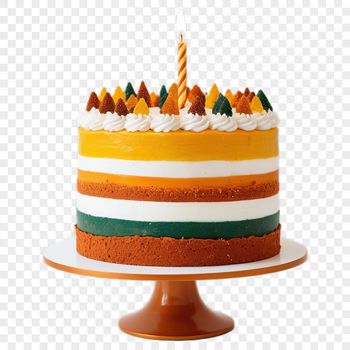 A colorful, layered birthday cake with candles and decorations on top.