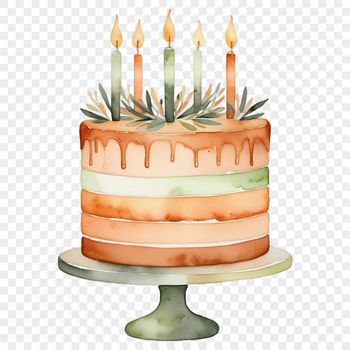A large, transparent PNG image of a colorful birthday cake with candles on top.
