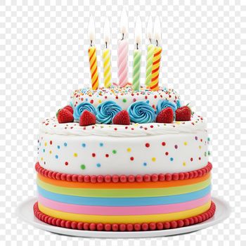 A colorful birthday cake with candles lit, ideal for personal use in graphic designs, DIY projects, or as a template.