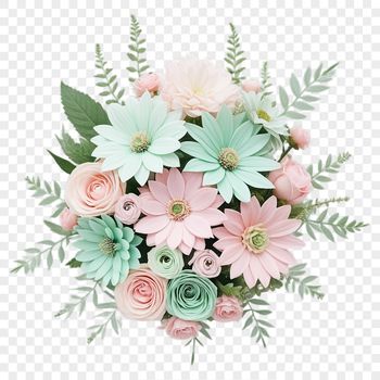 A colorful bouquet of flowers arranged in a decorative vase on a white background.
