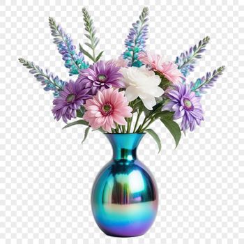 A colorful arrangement of fresh flowers in a vase on a clear background.