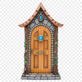 A whimsical Fairy Door made from wood with intricate carvings, set against a clear background.