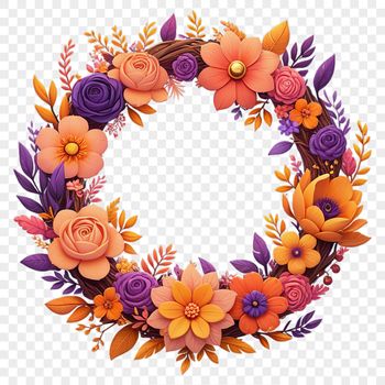 A floral wreath with flowers and foliage arranged in a circular shape.