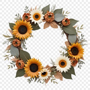 A colorful floral sunflower wreath made up of individual flowers and greenery.