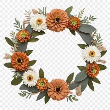 A floral wreath composed of various flowers and greenery elements with a transparent background.