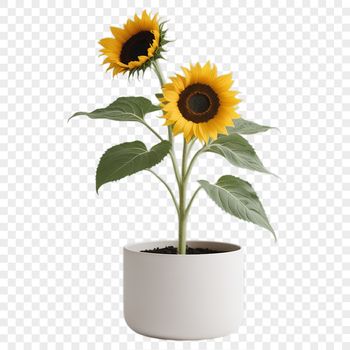 A close-up of a single sunflower in full bloom, situated in a simple white flower pot with a clear background.