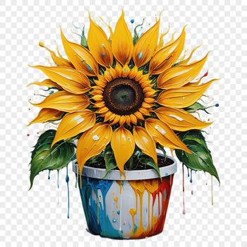 A single bright yellow sunflower with large petals growing in a flower pot on a clear background.