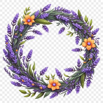 A floral wreath with various flowers arranged in a circular pattern.