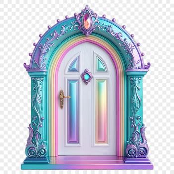 A high-resolution transparent image of a whimsical fairy door with intricate details and a clear background.