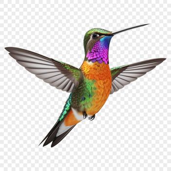 A close-up illustration of a colorful hummingbird with a transparent background.