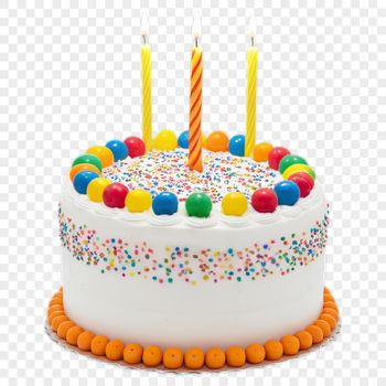 A colorful birthday cake with candles on top, ideal for personal or commercial use in various designs.