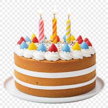 A transparent PNG image of a colorful birthday cake with candles on top.