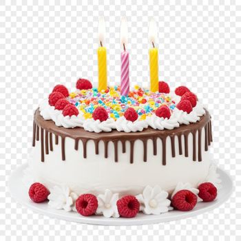 A high-resolution PNG image of a classic birthday cake with candles, ideal for printing or digital use.