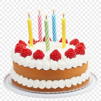A high-resolution transparent PNG image of a colorful birthday cake with multiple tiers.