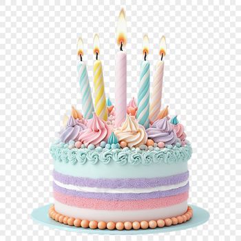 A transparent PNG image of a large birthday cake with a clear background.