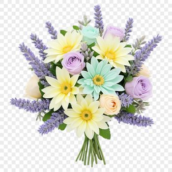 A colorful arrangement of flowers in a bouquet on a transparent background.
