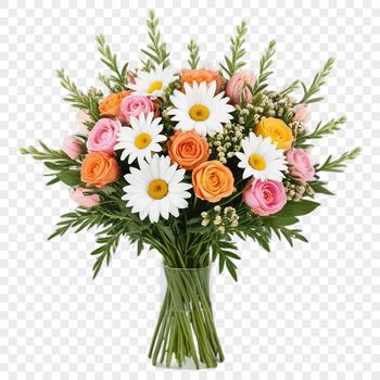 A high-resolution bouquet of colorful flowers with transparent background, suitable for sublimation printing.