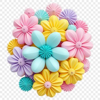 A bouquet of colorful flowers arranged in a decorative vase on a white background.